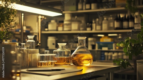 A scientific setup showcasing cetyl esters wax, with glass jars and beakers in a lab-like setting. photo