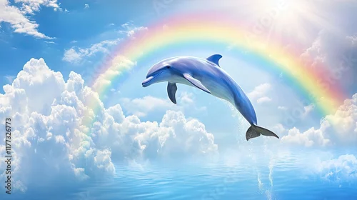Fototapeta samoprzylepna A serene scene of a dolphin leaping beneath a bright rainbow, with soft white clouds framing the view.