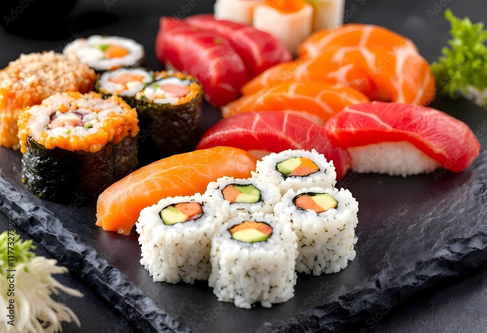 Delicious Variety of Sushi and Sashimi on a Dark Slate Plate Delicious Variety of Sushi and Sashimi on a Dark Slate Plate