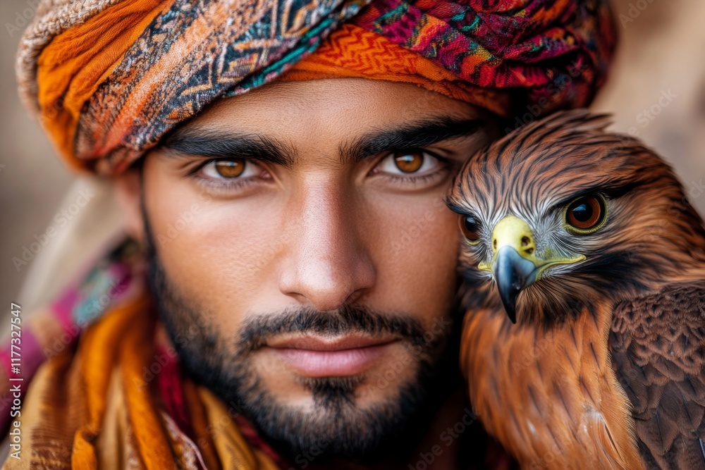 A historic falconry demonstration, with an Emirati trainer and a falcon perched on his arm A historic falconry demonstration, with an Emirati trainer and a falcon perched on his arm