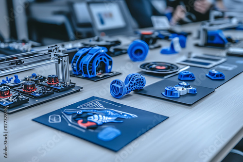 Blue 3D printed prototypes displayed on a table