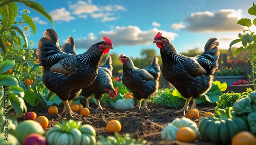 Black Jersey Giant Chickens Roaming a Vibrant Vegetable Garden on a Sunny Day