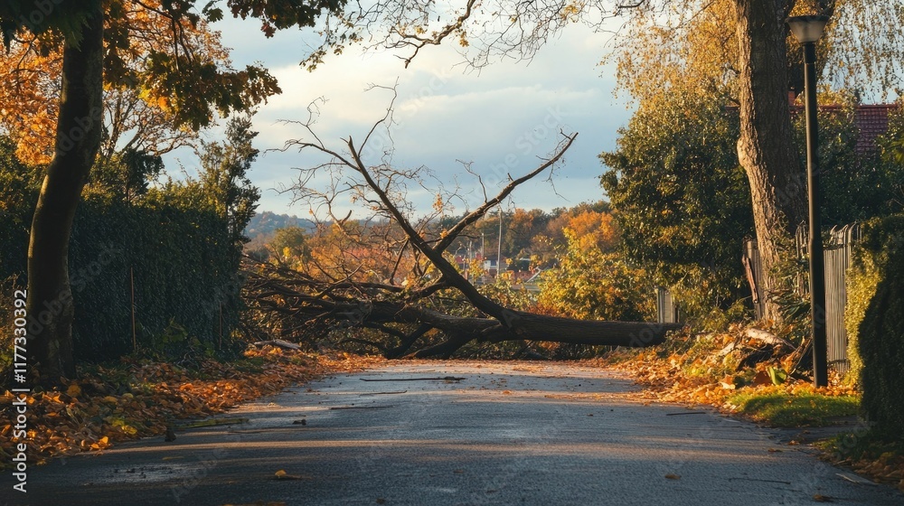 Obraz premium A wind-fallen tree lying across a quiet suburban road, with branches and leaves scattered everywhere in the aftermath of a storm.