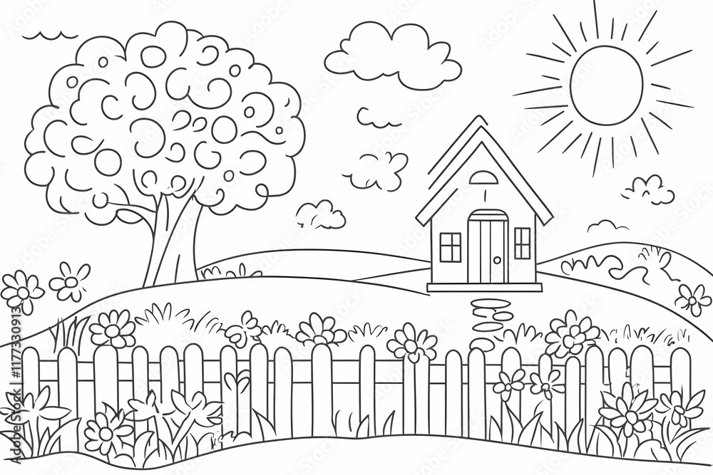 Charming black and white illustration of a quaint house nestled in a flower garden, perfect for coloring books or children's publications. Charming black and white illustration of a quaint house nestled in a flower garden, perfect for coloring books or children's publications.
