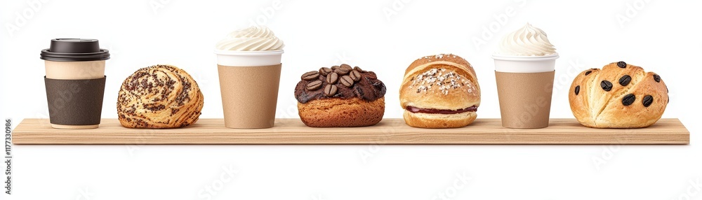 Assorted Bakery Treats with Coffee in Disposable Cups on Wooden Plank Background Assorted Bakery Treats with Coffee in Disposable Cups on Wooden Plank Background