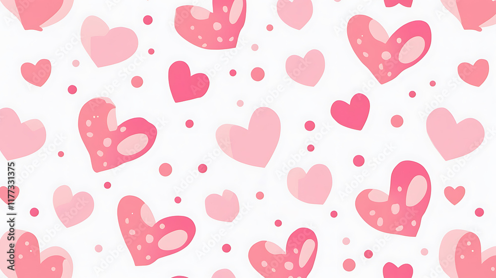 Seamless Pattern with Pink Hearts and Dots on White Background Seamless Pattern with Pink Hearts and Dots on White Background