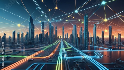 Smart City with Connected Network Lines and Futuristic Big Data Visualization