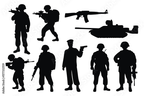 Soldier and army force silhouettes set isolated flat vector illustration on white background