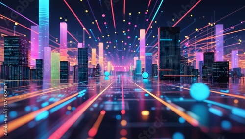 Smart City with Connected Network Lines and Futuristic Big Data Visualization