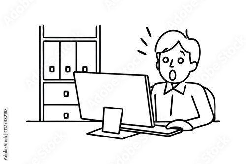 Shocked young man working in the office at the laptop Hand drawn line art flat vector illustration