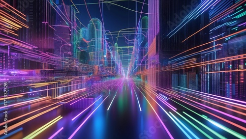 Smart City with Connected Network Lines and Futuristic Big Data Visualization