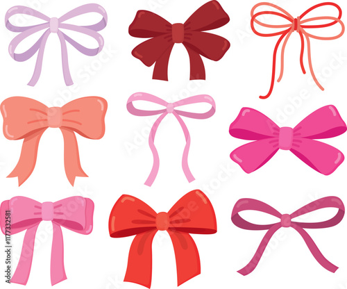 Set of festive ribbon bows in the colors of Valentine's Day. Beautiful pink and red elements for different holiday designs