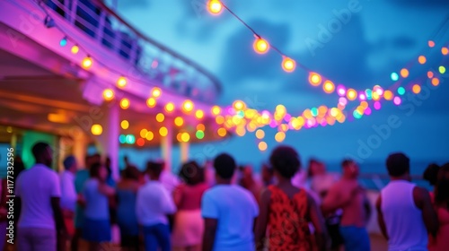 Vibrant Evening Celebration with Colorful String Lights and Party Atmosphere on a Cruise Deck under a Beautiful Evening Sky