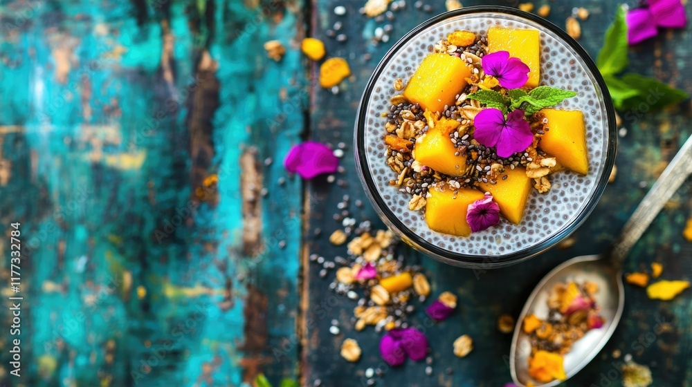 Artistic composition of chia seed pudding topped with mango and granola, placed on a wooden table with a spoon and vibrant scattered ingredients Artistic composition of chia seed pudding topped with mango and granola, placed on a wooden table with a spoon and vibrant scattered ingredients