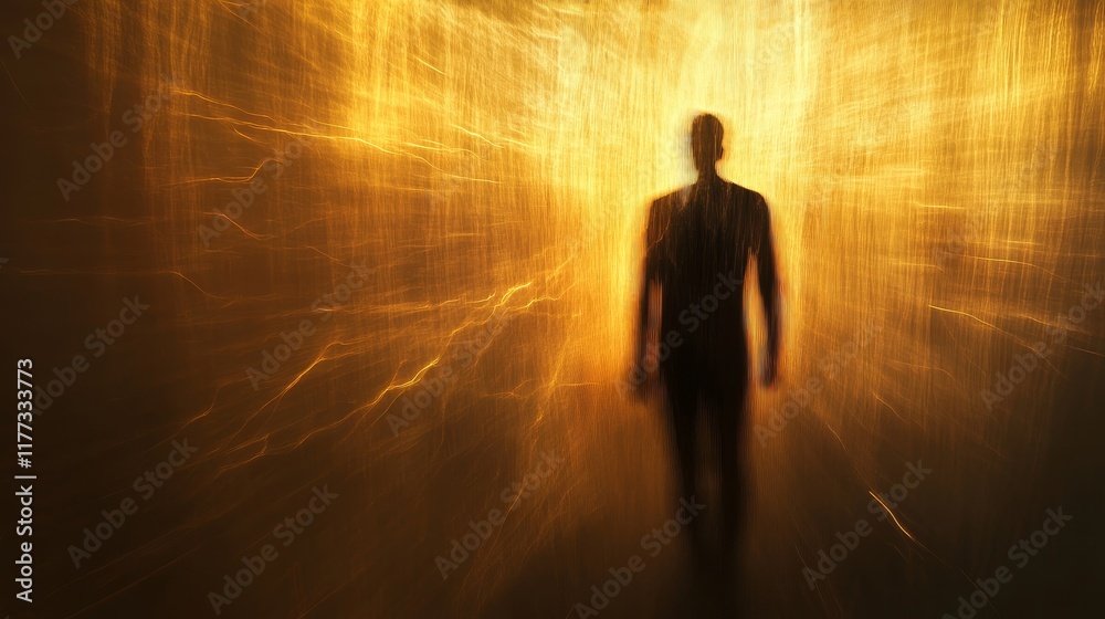 Enlightened Silhouette - Abstract Human Shadow with Glowing Contours and Surreal Light Streaks in Moody Lighting Enlightened Silhouette - Abstract Human Shadow with Glowing Contours and Surreal Light Streaks in Moody Lighting