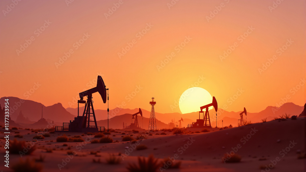 Naklejka premium Silhouettes of oil pumps against a vibrant sunset, showcasing industrial beauty in the desert.