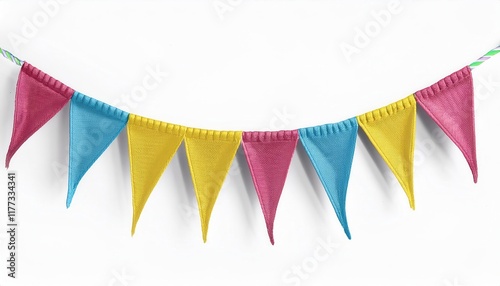 Colorful Triangular Party Bunting Flags in Blue, Red, Yellow, and Cyan for Celebrations, Events, Birthdays, or Festive Decorations

 photo