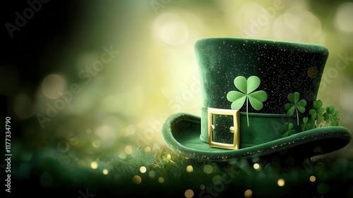 Irish top hat three with leaf clover green St patricks day pattern concept. Green leprechaun hat adorned with a shamrock on a sparkling background.