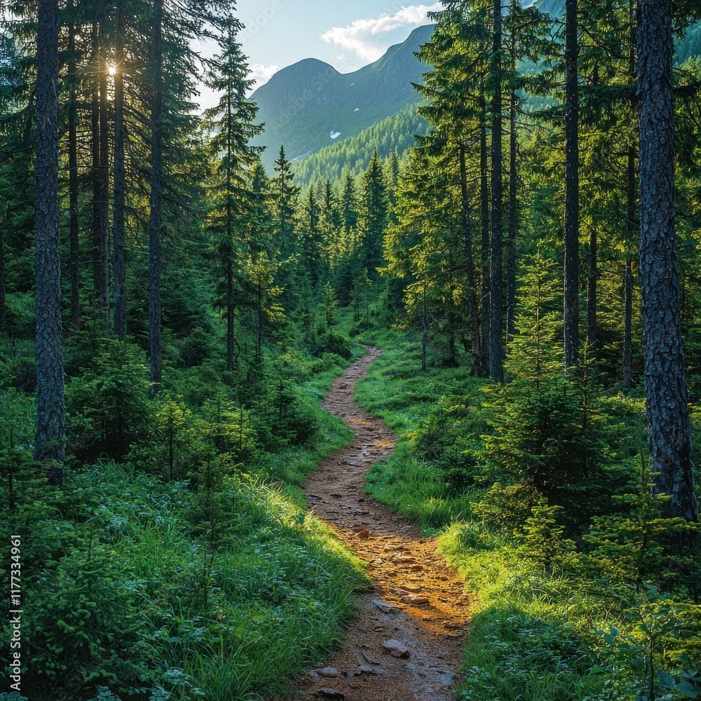 Fototapeta premium Winding forest path at sunset in mountain valley. Background sun peeking through trees. Use for travel, nature, or adventure themes