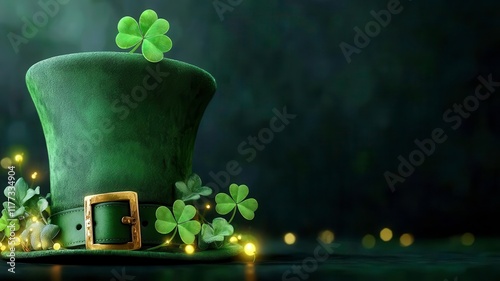 Irish top hat three with leaf clover green St patricks day pattern concept. Green leprechaun hat surrounded by clovers and festive lights.