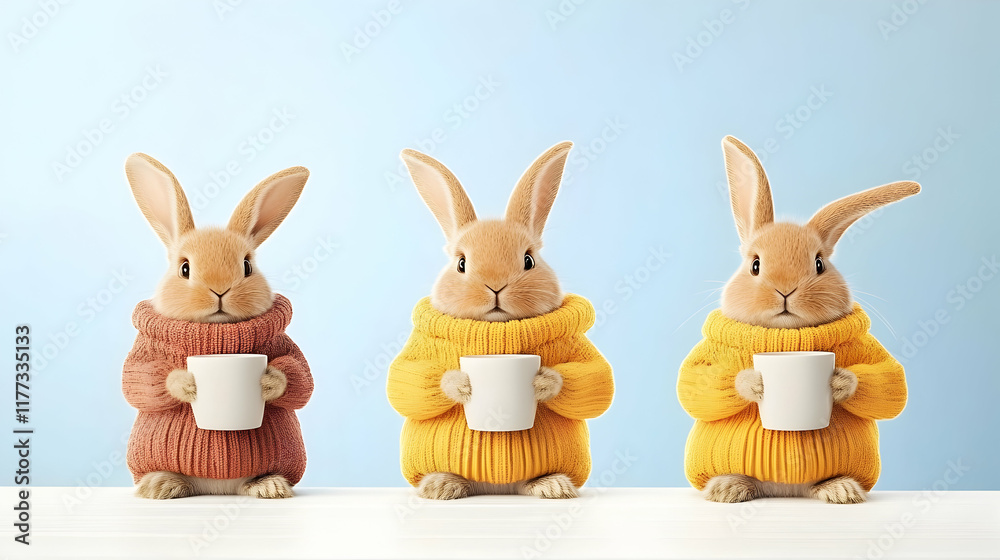 Fototapeta premium Three cute bunnies in sweaters holding mugs against a light blue background; perfect for spring or Easter cards.
