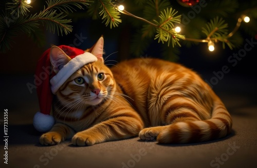 Ginger cat wears Santa's hat under Christmas tree playing with lights and ball. Christmas and New year concept