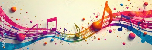 Colorful shapes dancing on a musical note background, patterns, jazzy collage, melody