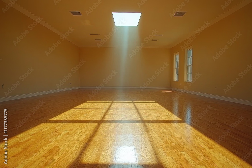 Obraz premium Sunbeam through skylight illuminates empty room with wood floor and side windows