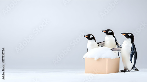 Three penguins standing by a snowy cardboard box against a white background;  ideal for winter, nature, or wildlife themes. photo