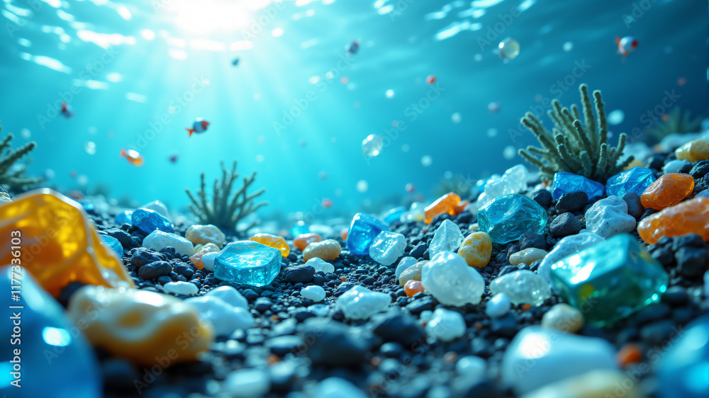 Naklejka premium A captivating underwater landscape showcasing colorful gems and coral, emphasizing clarity and beauty.