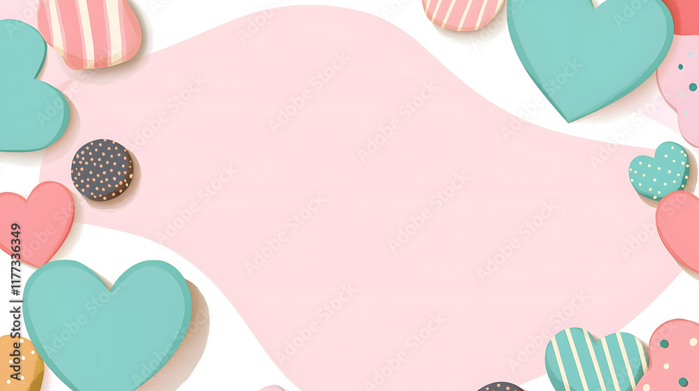 Pastel colored background with heart shaped cookies in various colors and patterns, creating playful and cheerful atmosphere. Perfect for celebrations or sweet occasions Pastel colored background with heart shaped cookies in various colors and patterns, creating playful and cheerful atmosphere. Perfect for celebrations or sweet occasions
