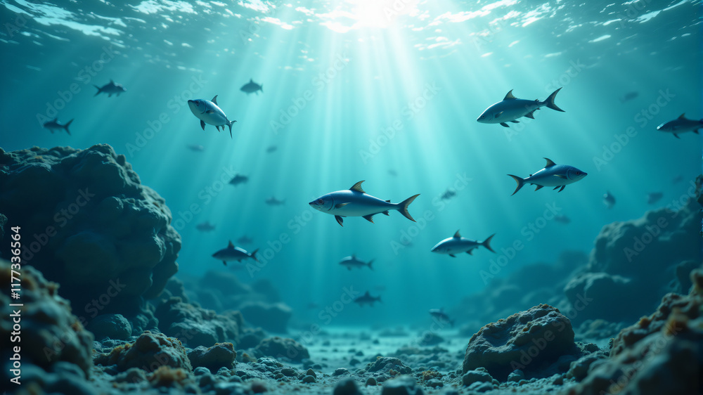 Fototapeta premium A captivating underwater scene featuring sharks swimming gracefully among colorful coral reefs.