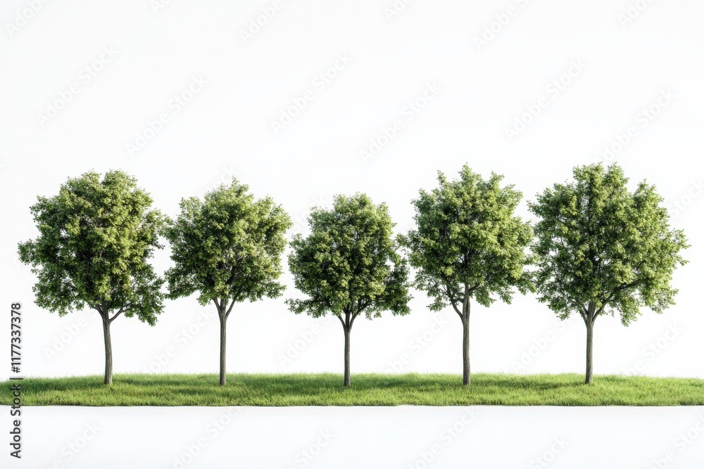 five trees lined up on grass against white background five trees lined up on grass against white background