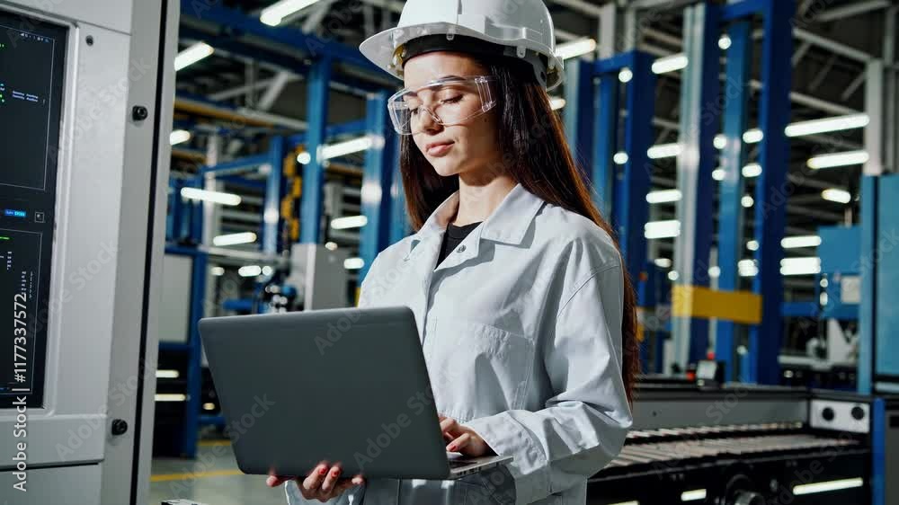 Young Woman Using Laptop to Program CNC Process Young Woman Using Laptop to Program CNC Process
