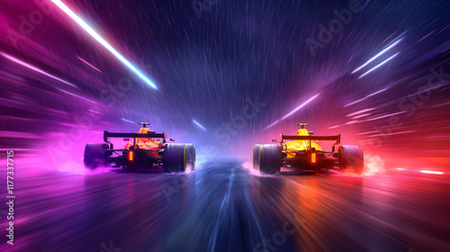 Two Formula 1 cars racing at night, neon lights streak past, motion blur effect, for sports posters.