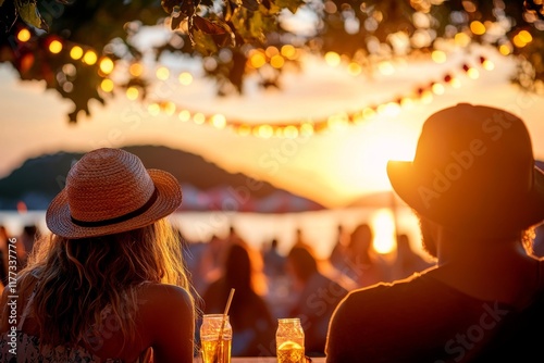 A relaxing beach party on LoÅ¡inj, with colorful umbrellas, music, and people dancing by the water photo