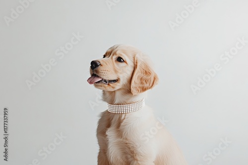 golden retriever puppy wearing a sparkly collar against white background