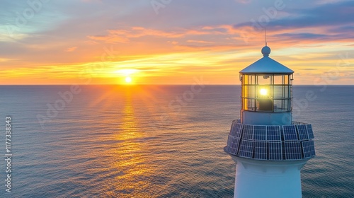 Lighthouse at sunrise over calm ocean waters with solar panels. photo