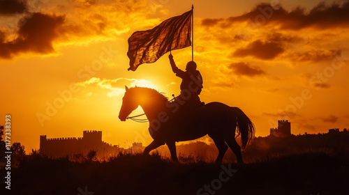 knight holding flag high as their horse rears against sunset backdrop, creating dramatic silhouette. scene evokes sense of bravery and adventure