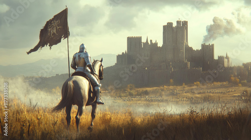 knight in silver armor rides horse, holding flag, facing distant castle. scene captures sense of adventure and anticipation, with dramatic landscape