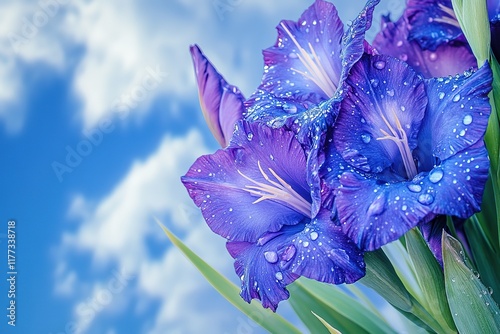 Close-up of a vibrant purple gladiolus flower with water droplets. photo