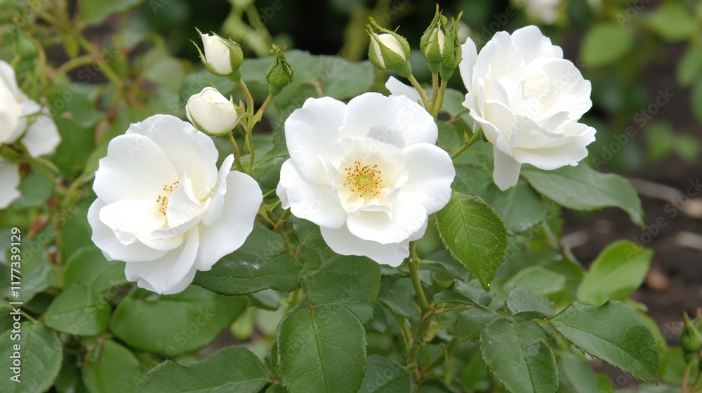 Beautiful White Roses in Bloom Surrounded by Lush Green Foliage in Garden Setting Beautiful White Roses in Bloom Surrounded by Lush Green Foliage in Garden Setting
