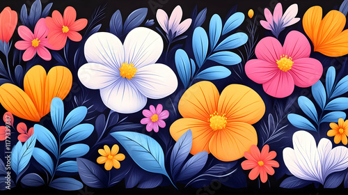 Vibrant floral illustration, colorful flowers and leaves on dark background, perfect for spring greeting cards or website banners.