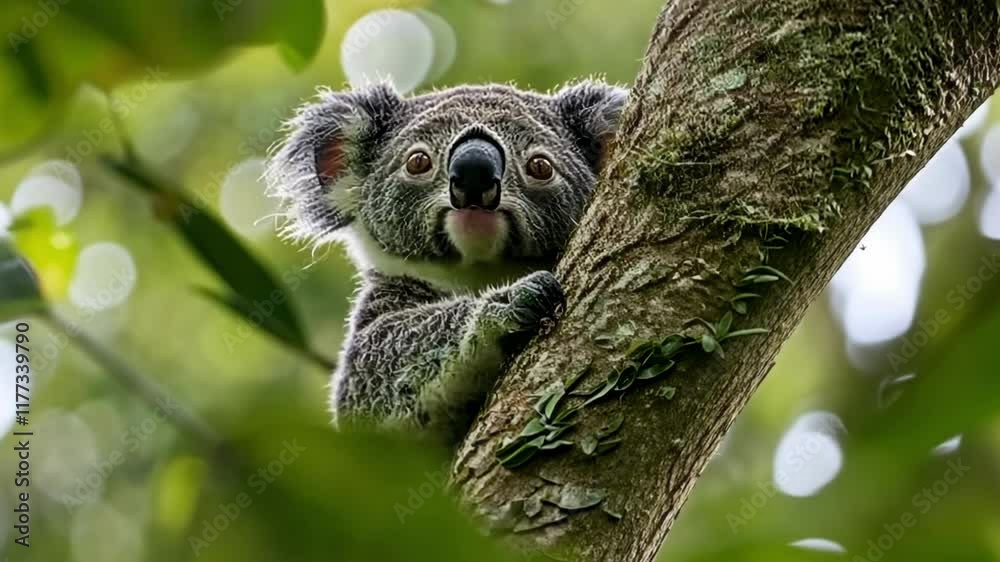 Koala climbing a tree in lush Australian forest during daytime Koala climbing a tree in lush Australian forest during daytime