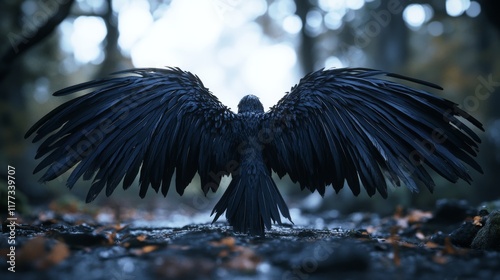 3D modern illustrations of black angel or bird wings with dark feathers on a transparent background, ideal for religious, fairytale, or mystical carnival costume decorations. photo