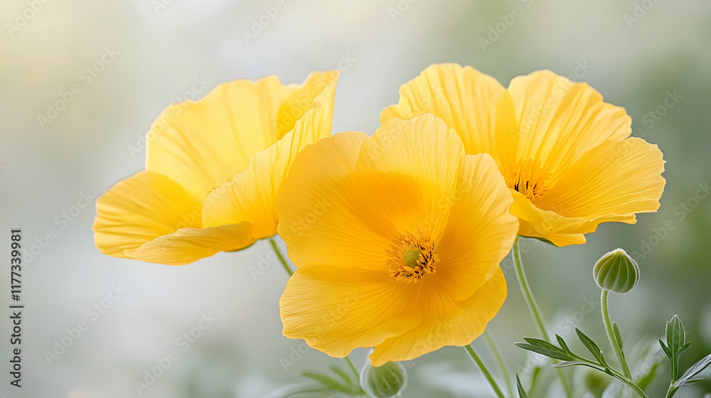 Obraz premium Vibrant yellow poppies blooming in a garden, soft focus background, ideal for spring or summer themes, nature photography, greeting cards, or websites.