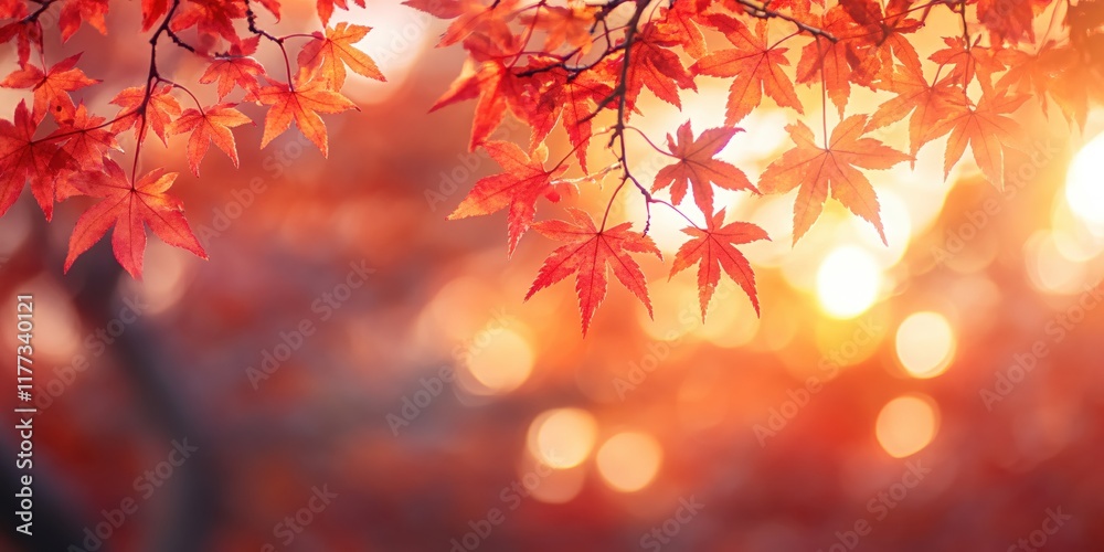 Vibrant Red Maple Leaves Against a Warm Sunset Background in Autumn Season Vibrant Red Maple Leaves Against a Warm Sunset Background in Autumn Season