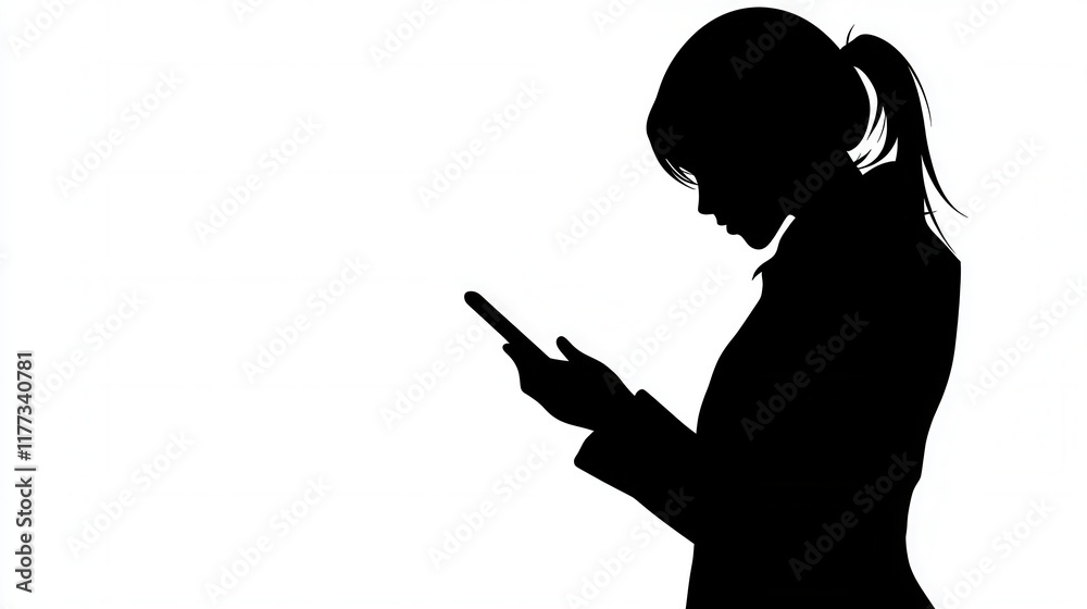 Silhouette of Woman Using Smartphone Modern Communication Minimalist Design