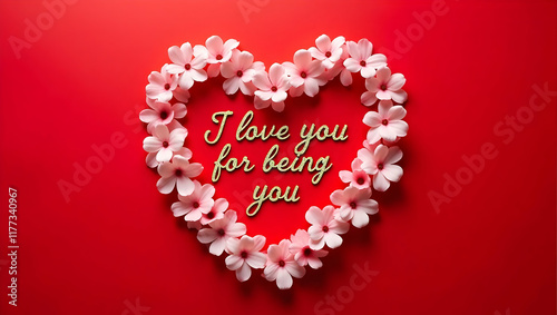 View of stunning heart-shaped frame made from decorative petals on a vibrant red background, touching lettering 'i love you for being you' a celebration of Valentine’s Day love