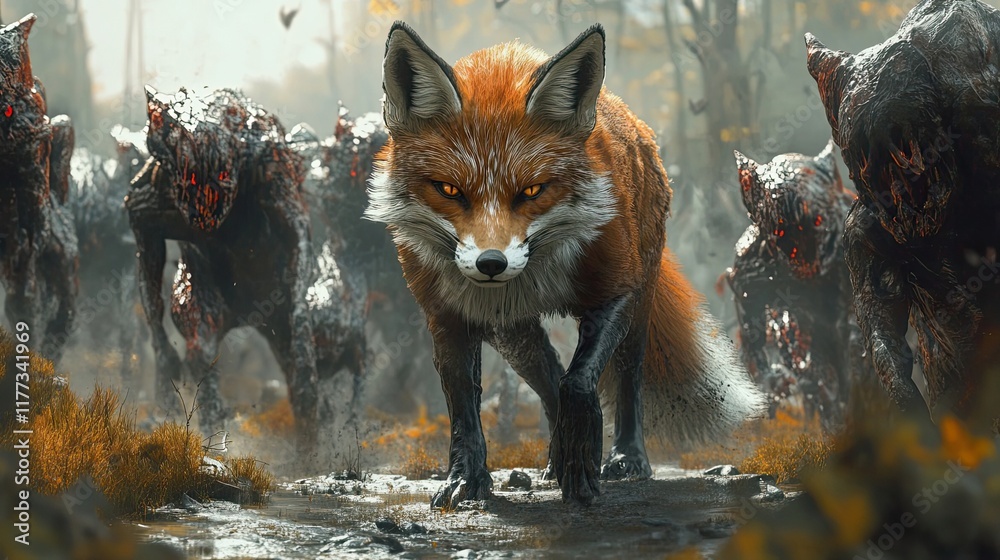 Naklejka premium Red Fox Leads Pack Of Dark Creatures Through Swamp